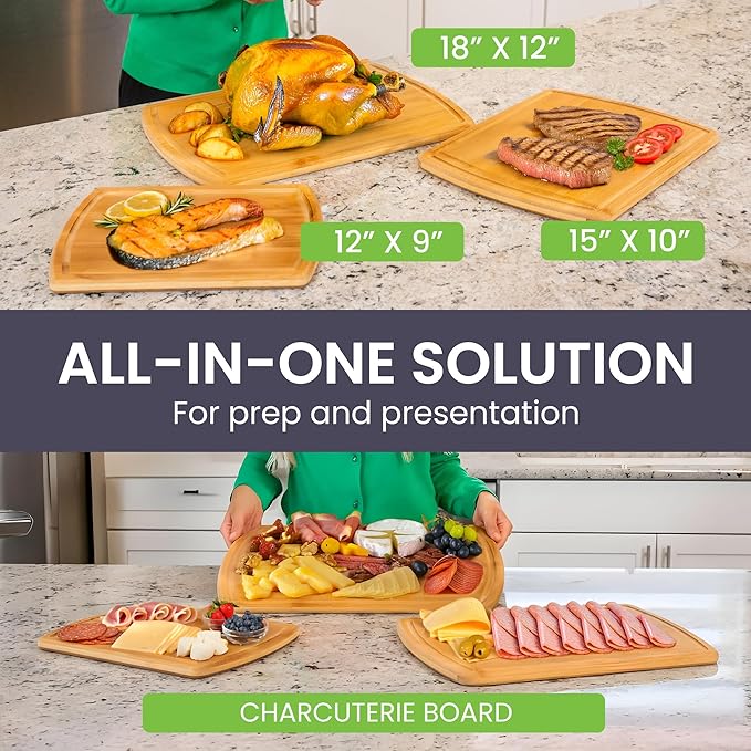 Extra Large Bamboo Cutting Board Set – Glue-Free Surface for Chopping Vegetables, Carving Meat, Slicing Bread, and Serving Cheese & Charcuterie for Safer Family Meal Prep – For Health Conscious Chefs