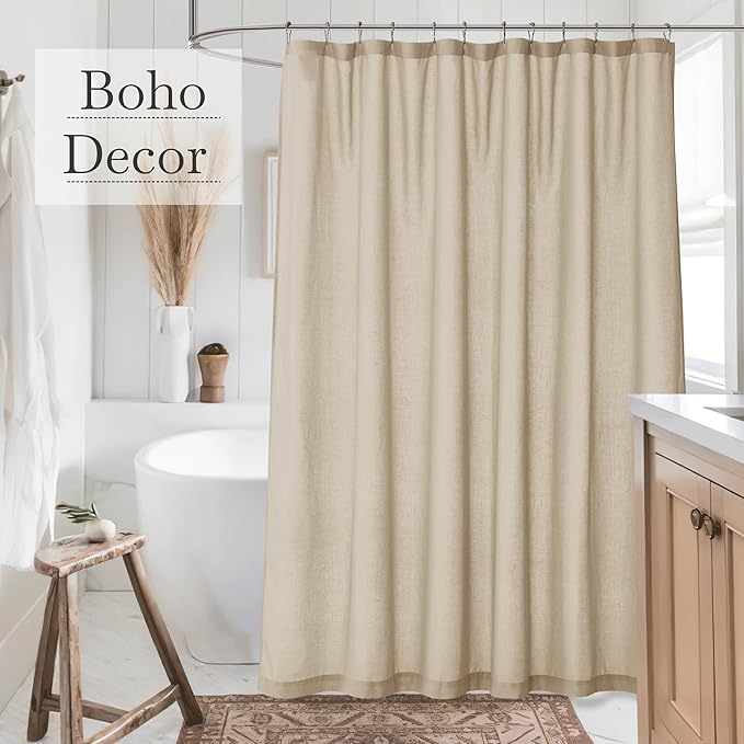 KGORGE Linen Shower Curtain - Semi Sheer Lightweight Button Hole Half Privacy Quick Dry Shower Curtains for Bathroom Bathtub Decor, Angora, 72 x 78 inches Long, Hooks Included