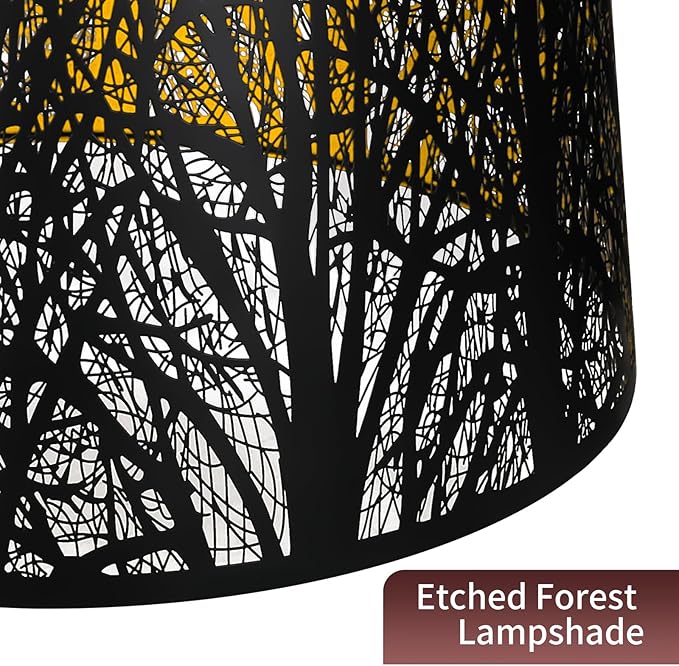 ALUCSET Metal Large Lampshade, Drum Lamp Shade 14" Top x 16" Bottom x 11" High, Lamp Shades for Table and Floor Lamps, Black Gold Finished Etched Forest Replacement Shade, Spider Fitter