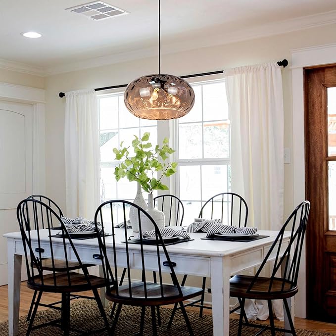 Large Glass Pendant Lighting, 14" Hammered Lampshade Hanging Lamp, 3-Light Matte Black Chandelier for Dining Living Room Kitchen Island (Smoked Grey Glass Shade, 14 Inches)