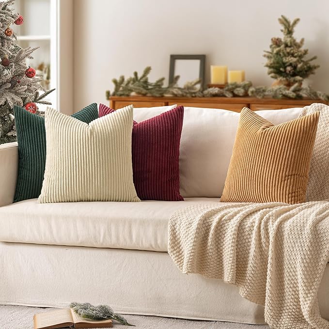 MIULEE Boho Farmhouse Christmas Red Throw Pillow Covers 18x18 Inch Set of 4 Mordern Nordic Cushion Covers Soft Corduroy Home Decor for Couch Bed Sofa Living Room