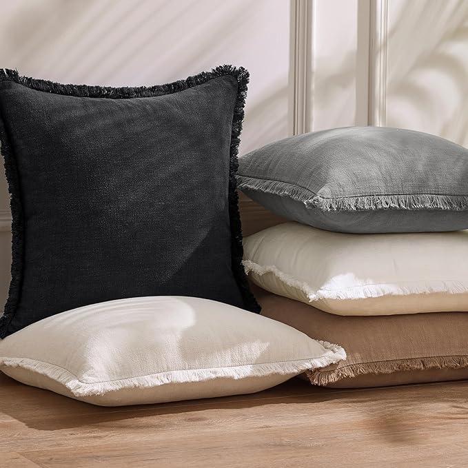 Woaboy Decorative Linen Fringe Throw Pillow Covers Boho Farmhouse Soft Euro Accent Pillowcases with Tassels for Bed Living Room Couch Sofa Bedroom,24x24 Inch Set of 2,Black
