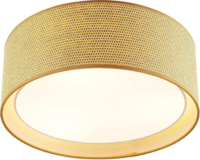 WINGBO 20" Modern 5-Light Flush Mount Ceiling Light Fixture with Fabric & Acrylic Double Drum Shade for Bedroom Living Room Dining Room Hallway Entryway, Flaxen