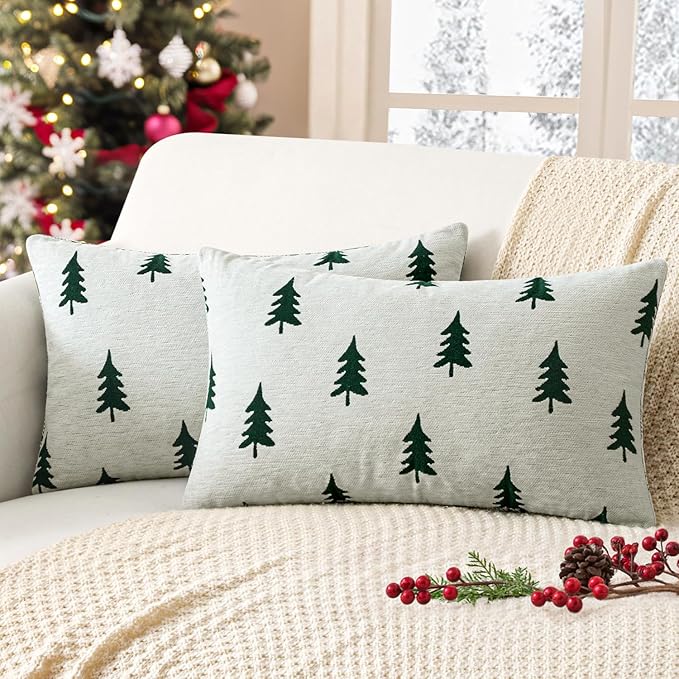 MIULEE Christmas Decorative Chenille Throw Pillow Covers, 12x20 Inch, White Dark Green Tree, Set of 2 Cute Trees with Plaid Patterns Pillows for Sofa Couch Bedroom Chair Xmas Home Decor