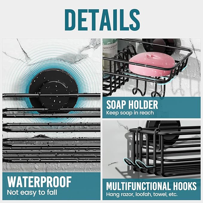 TAILI Shower Caddy Suction Cup with Hooks and Soap Holder, Heavy Duty Bathroom Shower Organizer, No Drilling Bathroom Holder with Large Capacity, Metal Black Storage Basket