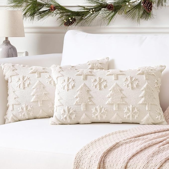 OTOSTAR Set of 2 Xmas Soft Plush Short Wool Velvet Decorative Throw Pillow Covers Rectangular Luxury Style Cushion Case Pillow Shell for Sofa Bedroom Tree and Snowflake Cream Beige, 16x24 Inch