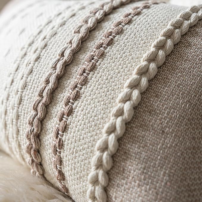 Boho Throw Pillow Covers 12x20 Inch Set of 2, Khaki Textured Decorative Couch Pillow Cases for Farmhouse Home Decor, Accent Cushion Cover for Sofa, Bed, Living Room, Bedroom
