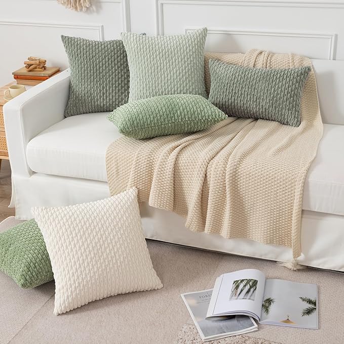 Kevin Textile Throw Pillow Covers Soft Corduroy Decorative Set of 2 Boho Striped Pillow Covers Pillowcases Farmhouse Home Decor for Couch Bed Sofa Living Room 18x18 Inch Greyish Green