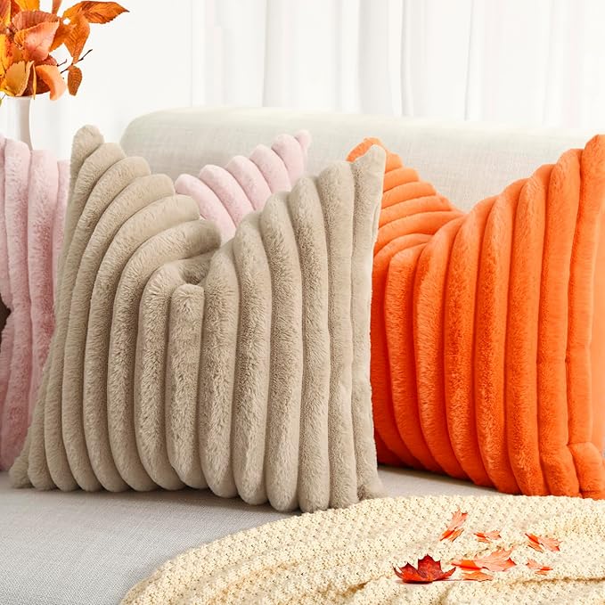 decorUhome Faux Fur Fall Throw Pillow Covers 24x24 Set of 2, Decorative Soft Plush Striped Neutral Couch Euro Pillow Covers with Velvet Back for Sofa, Bed, Living Room Home Decor, Orange