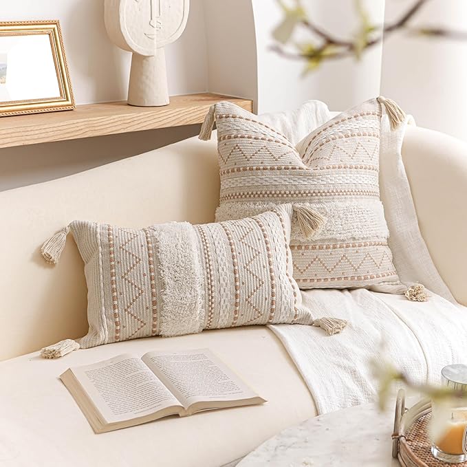 BlissBlush Decorative Throw Pillow Cover 20x20 Square Cream Neutral White Boho Accent Pillowcase Tassels Farmhouse Cushion for Couch Sofa Bedroom Living Room Home Décor (Cover ONLY, Pack of 1)