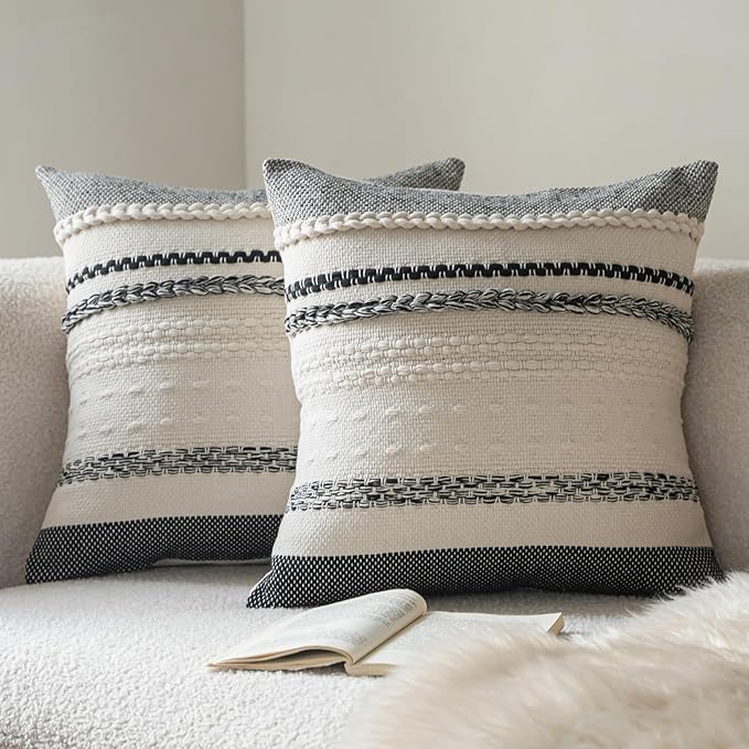 Boho Throw Pillow Covers 20x20 Inch Set of 2, Black Textured Decorative Couch Pillow Cases for Farmhouse Home Decor, Accent Cushion Cover for Sofa, Bed, Living Room, Bedroom