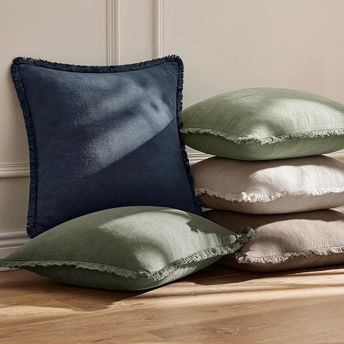 EMEMA Linen Fringe Throw Pillow Covers Set of 2 Boho Farmhouse Accent Decorative Pillowcase with Tassels for Couch Sofa Bed Living Room Home Decor 26x26 Inch,Indigo Blue