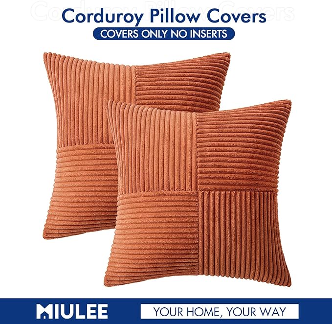 MIULEE Fall Rust Corduroy Pillow Covers Pack of 2 Boho Decorative Spliced Throw Pillows Soft Cross Patchwork Textured Covers Pillowcases Home Decor for Couch Living Room Bed Sofa 24x24 inch
