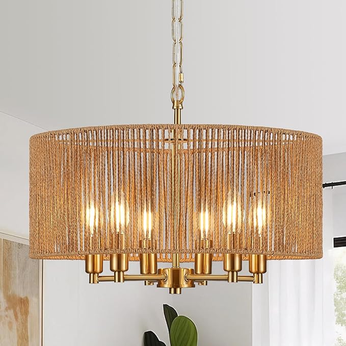20“ Hand-Woven Rattan Chandelier Vintage Farmhouse Boho Bamboo Golden Chandelier Light Fixture Retro Drum Wicker Gold Chandeliers for Dining Room, Kitchen Island, Living Room