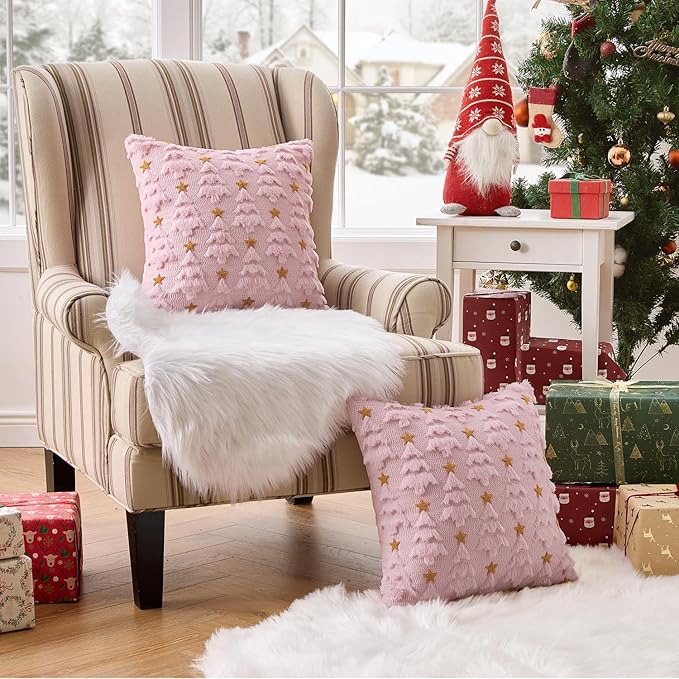 MIULEE Christmas Pillow Covers 18x18 Inch Set of 2, Pink Christmas Tree Plush Faux Fur Pillowcases Soft Decorative Throw Pillow Cases for Couch Sofa Living Room Winter Xmas Holiday Home Decor