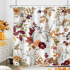 Fall Boho Shower Curtain Set, Rustic Autumn Harvest Pumpkins Leaves Yellow Gold Floral Shower Curtains, Farmhouse Fall Thanksgiving Harvest Shower Curtain for Bathroom, 72"X72" with Hooks Fabric