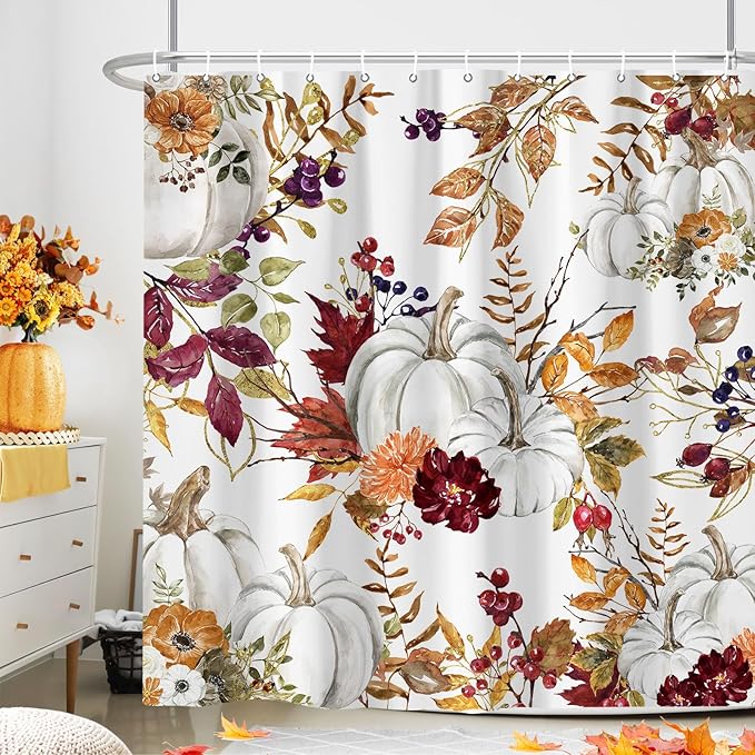 Fall Boho Shower Curtain Set, Rustic Autumn Harvest Pumpkins Leaves Yellow Gold Floral Shower Curtains, Farmhouse Fall Thanksgiving Harvest Shower Curtain for Bathroom, 72"X72" with Hooks Fabric