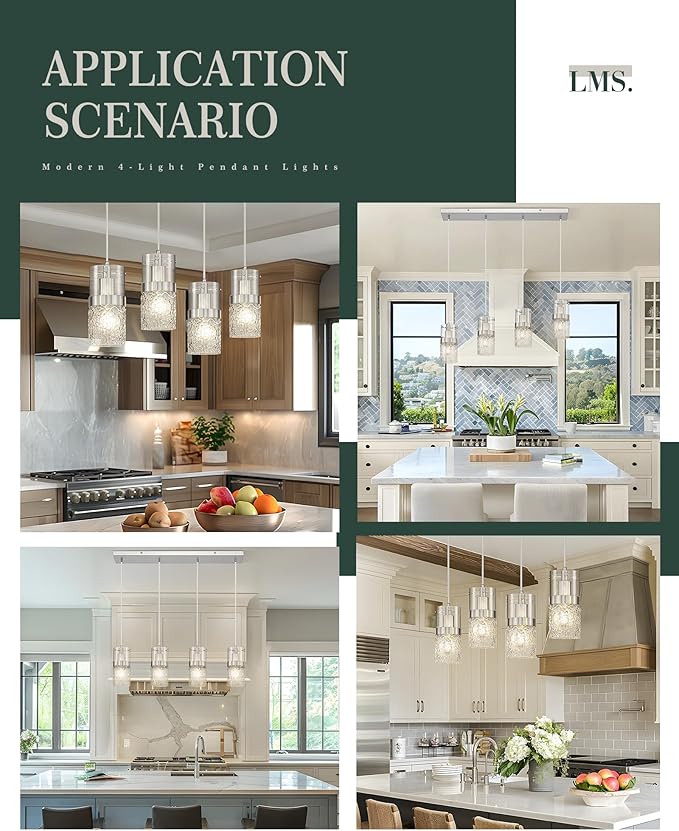 LMS 4-LightIsland Lighting, Brushed Nickel Kitchen Island Light Fixture, Farmhouse Linear Chandeliers for Dining Room Over Table Pendant Light with Hammered Glass for Living Room, LMS-171BN4L