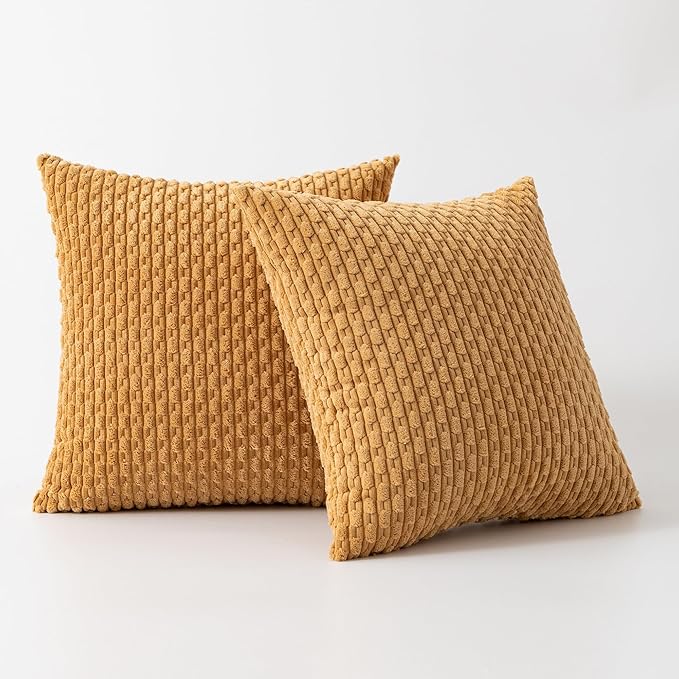 Kevin Textile Throw Pillow Covers Soft Corduroy Decorative Set of 2 Boho Striped Pillow Covers Pillowcases Farmhouse Home Decor for Couch Bed Sofa Living Room 22x22 Inch Gold