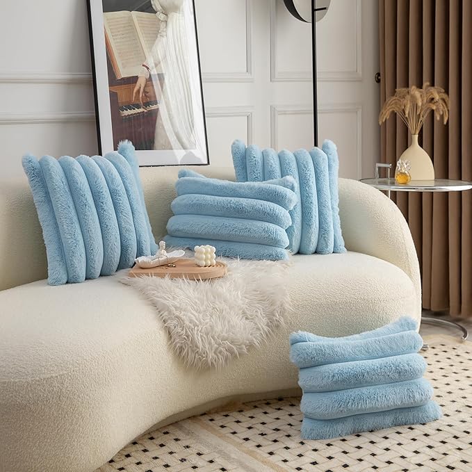 Neelvin Blue Faux Fur Cozy Soft Striped Decorative Throw Pillow Covers 18x18 inch Set of 2,Velvet Pillowcase Cushion Case for Sofa Couch