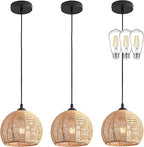 3 Pack Wicker Pendant Light Natural Woven Pendant Light Boho Chandelier Light Fixture Dome Rustic Farmhouse Pendant Lights Rattan Light Fixture for Dining Room Kitchen Island (Bulb Incl.)