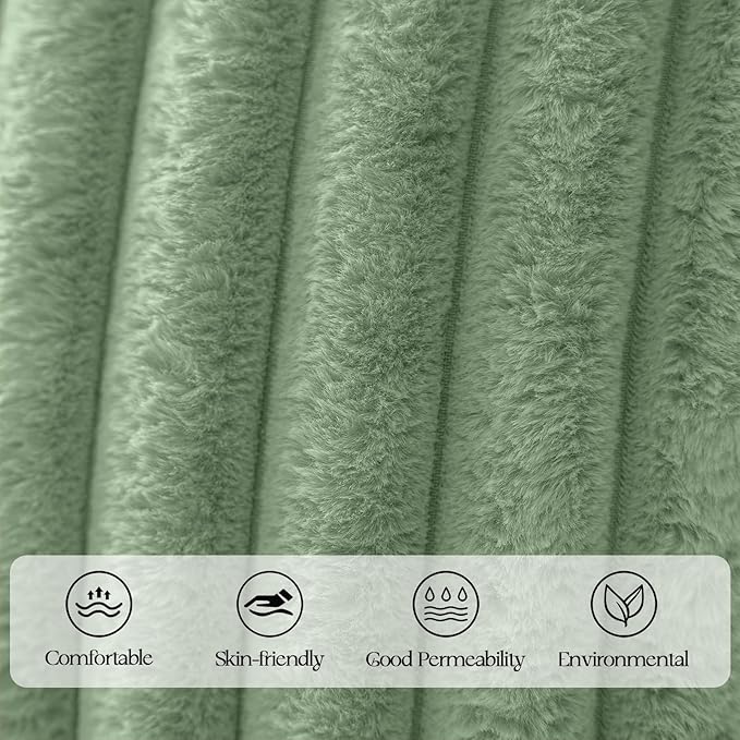 MOSAYT Spring Faux Fur Throw Pillow Covers 22x22, Set of 2, Plush Velvet Soft Pillow Case,Fluffy Striped Decorative Couch Pillow Covers for Sofa, Bedroom, Living Room(Sage Green)