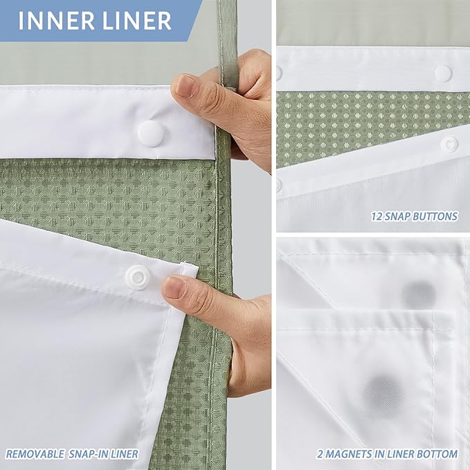 Furlinic Stall Shower Curtain No Hook with Snap in Liner,Waffle Weave Waterproof Bathroom Curtains with See Through Top Window & Weighted Magnets,Sage Green,54x80 Inch