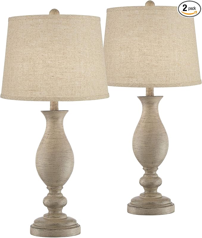 Regency Hill Serena Traditional Country Cottage Table Lamps 27.5" Tall Set of 2 Beige Gray Faux Wood Cream Burlap Fabric Drum Shade for Living Room Bedroom House Bedside Nightstand Home