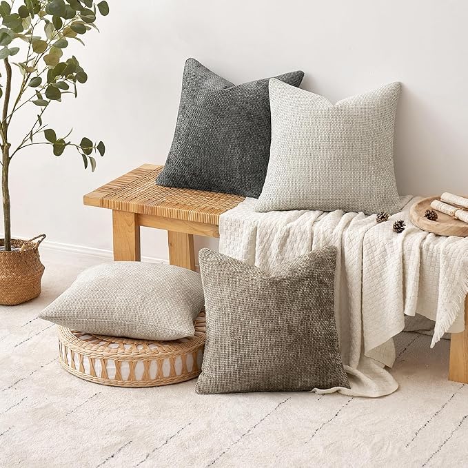 MIULEE Pack of 4 Couch Throw Pillow Covers 24x24 Inch Neutral Soft Decorative Chenille Pillow Covers Farmhouse Boho Accent Cushion Covers for Mid Century Modern Home Decor Sofa Bedroom Living Room