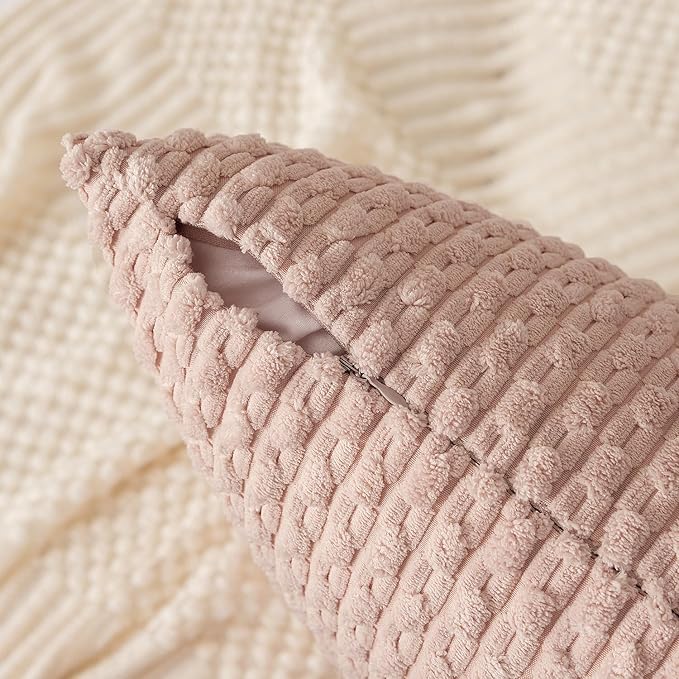 Kevin Textile Pack of 2 Corduroy Decorative Throw Pillow Covers 12x20 Inch Valentine' s Day Soft Boho Striped Pillow Covers Modern Home Decor Gifts for Spring Sofa Living Room Couch Bed Light Pink
