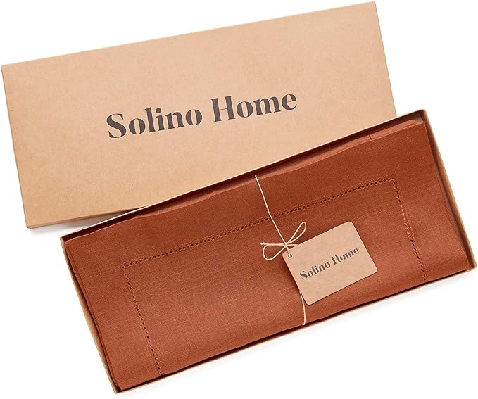 Solino Home Linen Cinnamon Table Runner 90 Inches Long - 100% Pure Linen Hemstitch 14 x 90 Inch Table Runner for Dining, Fall, Autumn, Halloween, Thanksgiving - Classic Hemstitch
