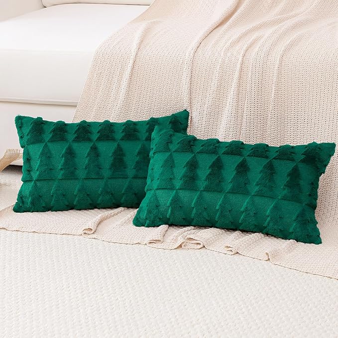OTOSTAR Set of 2 Xmas Soft Plush Short Wool Velvet Decorative Throw Pillow Covers Rectangular Luxury Style Cushion Case Pillow Shell for Sofa Bedroom Christmas Tree Green, 16x24 Inch