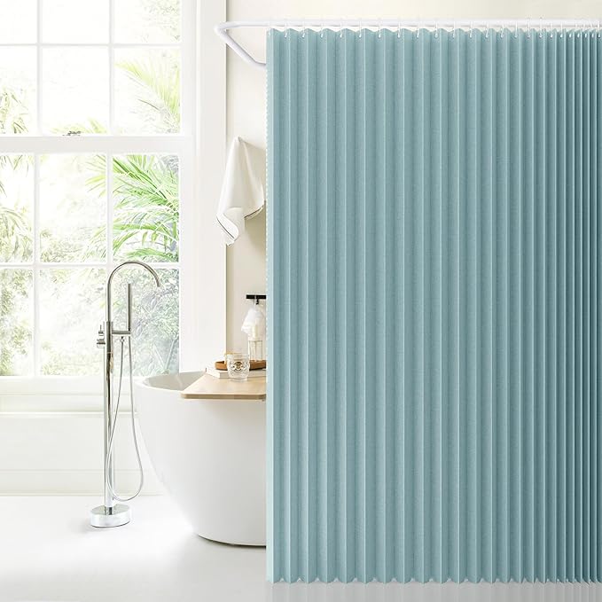 Jubilantex Folding Linen Shower Curtain for Bathroom Blue Waterproof Shower Curtain 1 Panel with 14 Metal Grommets and 1 Tie Back for Hotel,70"x70"