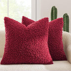 MIULEE Pack of 2 Red Faux Fur Christmas Throw Pillow Covers 18x18 Inch Boucle Decorative Sherpa Pillow Covers Fuzzy Accent Soft Sheepskin Fleece for Boho Home Decor Sofa Living Room Couch Bed