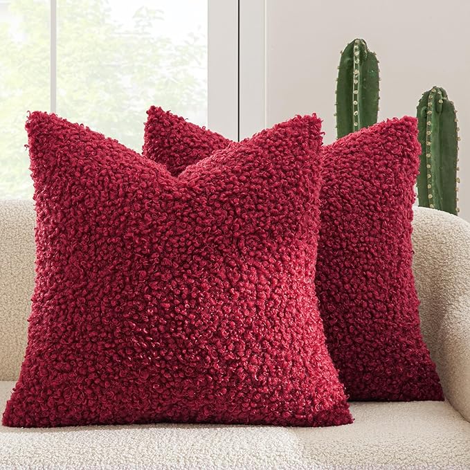 MIULEE Pack of 2 Red Faux Fur Christmas Throw Pillow Covers 18x18 Inch Boucle Decorative Sherpa Pillow Covers Fuzzy Accent Soft Sheepskin Fleece for Boho Home Decor Sofa Living Room Couch Bed