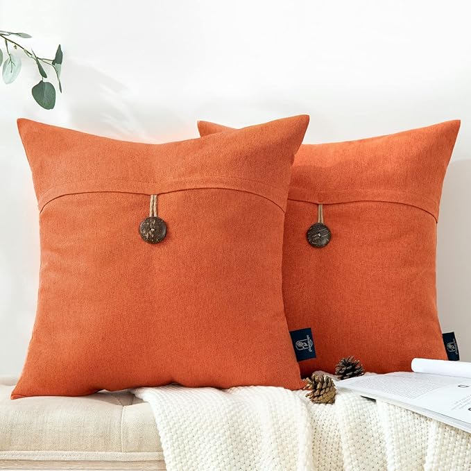 Phantoscope Pack of 2 Farmhouse Throw Pillow Covers Premium Coconut Button Vintage Linen Solid Decorative Pillow Cover for Couch Bed and Chair Orange 18 x 18 inches 45 x 45 cm