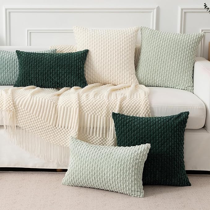 Kevin Textile Decorative Pillow Covers Set of 2 Striped Plush Corduroy Pillows Pillowcases Boho Home Decor Cushion Covers for Couch Sofa Bed Living Room 22x22 Inch, Army Green