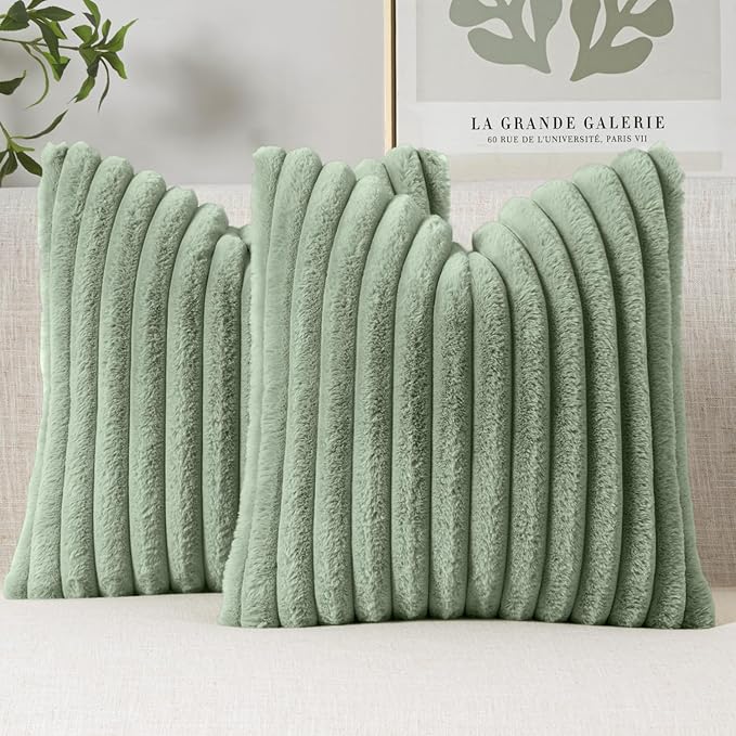 MIULEE Faux Fur Large Decorative Throw Pillow Covers 24x24 Inch Set of 2, Modern Spring Home Decor Soft Plush Couch Pillows Cozy Fluffy Cushion Covers for Sofa Bed Sage Green