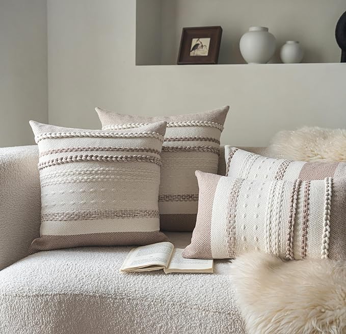 Boho Lumbar Pillow Covers 14x36 Inch Long, Khaki Textured Decorative Couch Pillow Cases for Farmhouse Home Decor, Accent Cushion Cover for Sofa, Bed, Living Room, Bedroom, Pack of 1