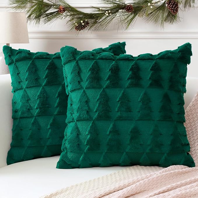 OTOSTAR Set of 2 Xmas Soft Plush Short Wool Velvet Decorative Throw Pillow Covers Square Luxury Style Cushion Case Pillow Shell for Sofa Bedroom Christmas Tree Green, 28x28 Inch