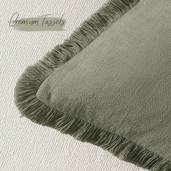 Woaboy Decorative Linen Fringe Throw Pillow Covers Boho Farmhouse Soft Cushion Covers Accent Pillowcases with Tassels Christmas Home Decor for Livingroom Couch Sofa Bed,18x18 Inch Set of 2,Olive Green
