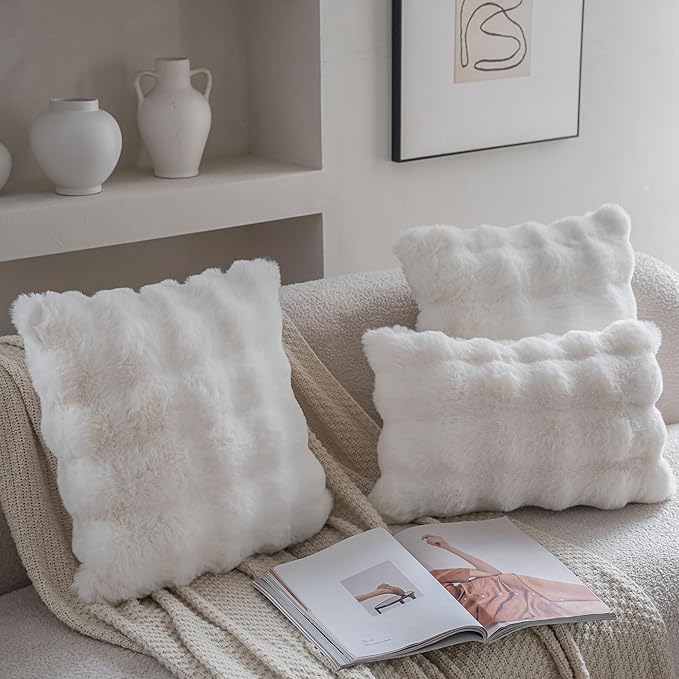 Neelvin Cream White Faux Fur Cozy Soft Double-Sided Decorative Throw Pillow Covers 24x24 inch Set of 2,Velvet Pillowcase Cushion Case for Sofa Couch