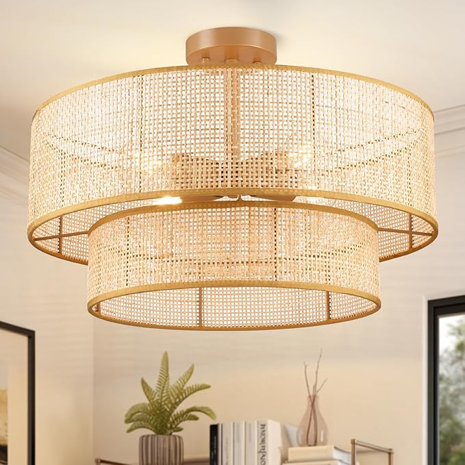 Hamilyeah 20 inch Ceiling Light Fixture Flush Mount Double Layer, Boho Light Fixture Ceiling Mount Wicker Shade, Bamboo Woven Rattan Ceiling Light for Living Room, Bedroom, Dining Room