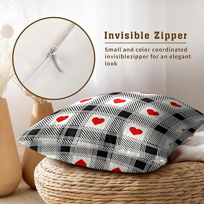Love Hearts Pillow Covers 22x22 Inch, Set of 2 Black White Checkered Romantic Accents Holiday Cotton Square Pillowcases for Sofa Couch Bedroom Living Room Car Home Decor