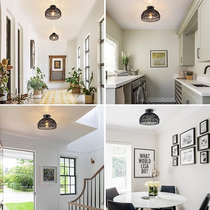 Black Rattan Ceiling Light Fixtures Boho Chandelier Small Woven Flush Ceiling Mount Lighting Fixture Close to Ceiling Light for Bedroom Kitchen Entryway Nursery Lights Hallway