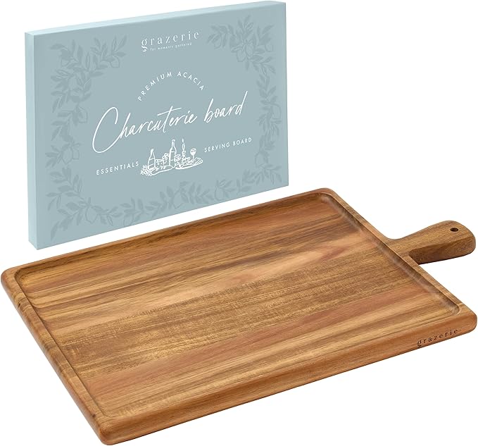 Charcuterie Board - Acacia Wood Cutting Board for Kitchen with Handle, Cheese Board for Vegetables, Bread, Fruits, Meat - Decorative Wooden Serving Tray House Warming Gift