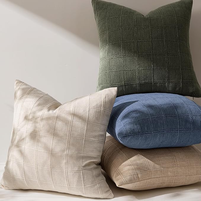 Woaboy Linen Check Throw Pillow Covers Set of 2 - Natural Beige Farmhouse Modern Boho Vintage Decorative Cushion Covers for Sofa Couch Bedroom Living Room Decor 22x22 Inch
