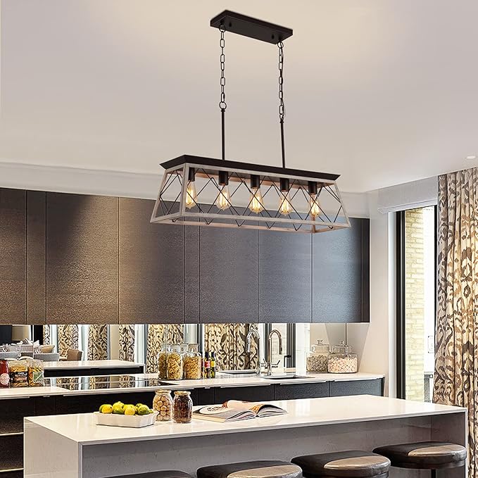 Q&S Dining Room Chandelier Light Fixtures,Farmhouse Rustic Vintage Antique Linear Chandeliers Pendant Ceiling Light Fixture for Kitchen Island Bar Office Coffee Shop 5-Lights Oak and ORB UL Listed