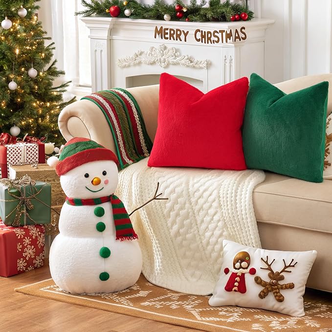Pallene Faux Fur Plush Christmas Throw Pillow Covers 18x18 Set of 2, Soft Fluffy Couch Pillow Covers for Living Room, Christmas Green