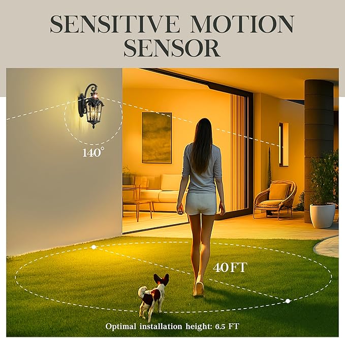 Emliviar Motion Sensor Outdoor Wall Light, Porch Wall Lamp with Water Glass, 18.7" Waterproof Exterior Sconce Wall Mount, Black Finish with Gold Edges, WE305B-SE BG-SW
